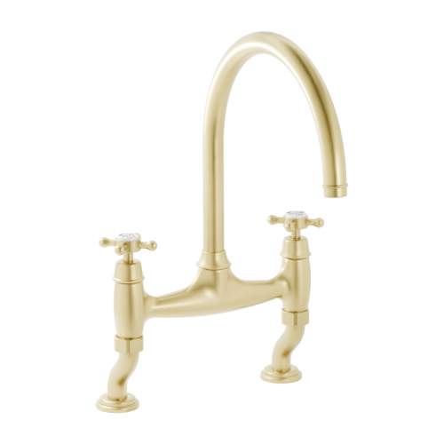Bidbury and Co Sherborne Brushed Brass Twin Lever Bridge Tap with Crosshead Handles