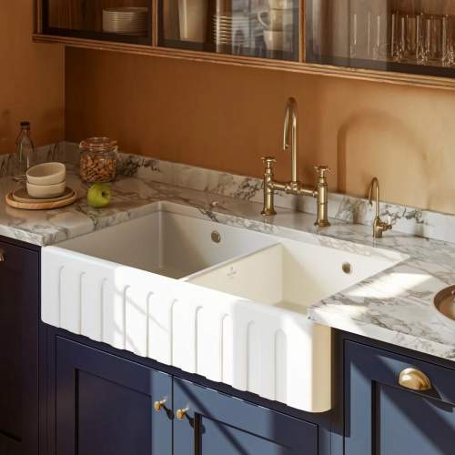 Whitebirk Trawden Double Bowl Fluted Front Fireclay Kitchen Sink