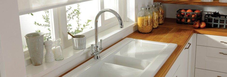 Abode Tydal kitchen sink with the Abode Gosford twin lever kitchen tap